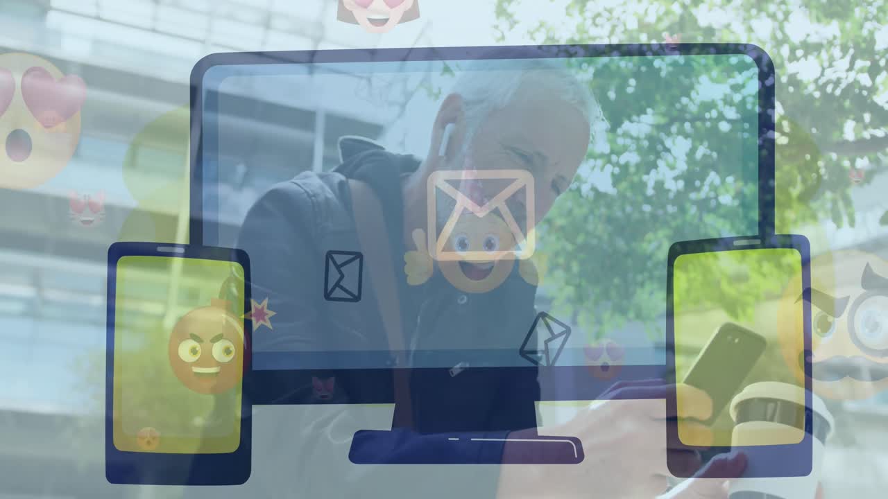 스마트폰을 가진 고위 백인 남성 위에 복사 공간과 함께 이메일, 태블릿 및 컴퓨터의 애니메이션