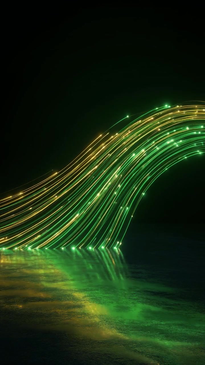 Flusso astratto di particelle di luce verdi e gialle luminose