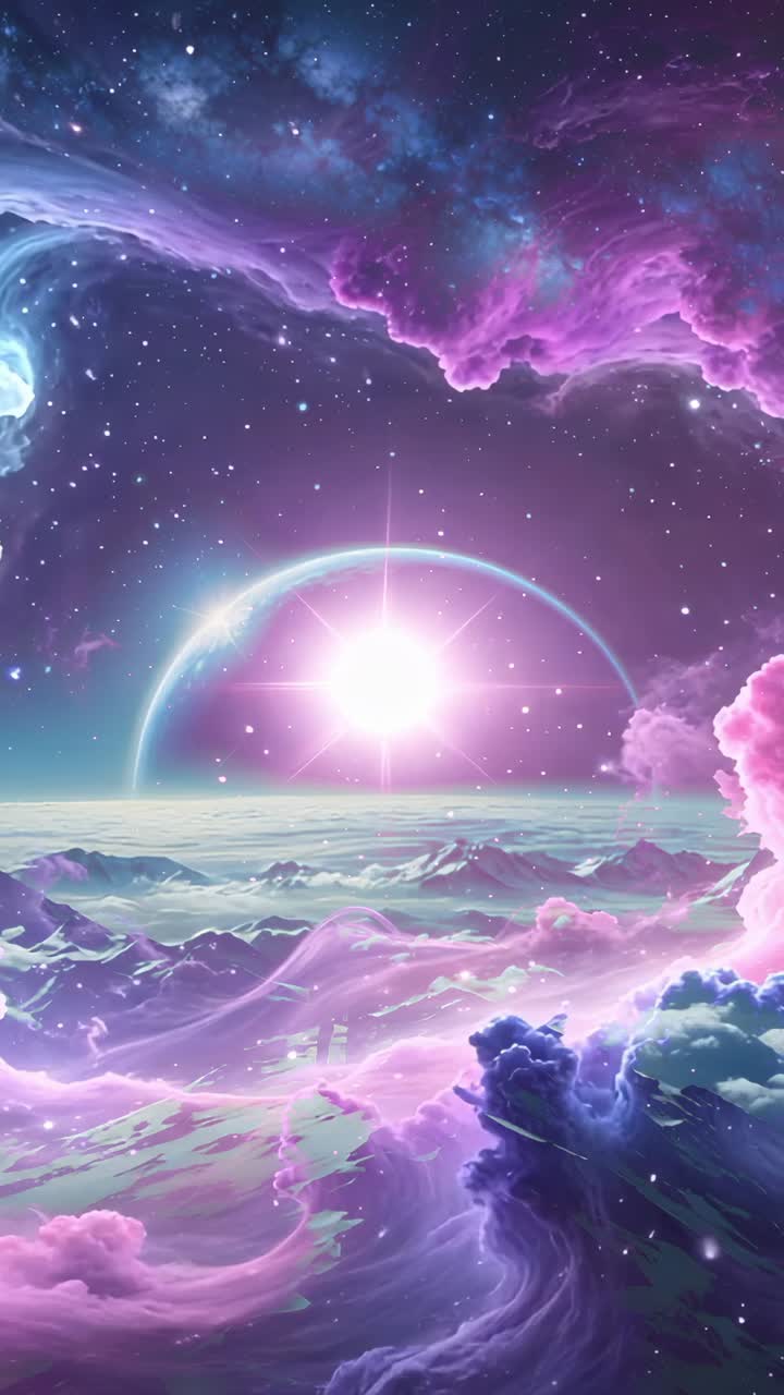 Vertical video: Star cresting behind planet over nebula, astronaut stepping on ridge gazing cosmos