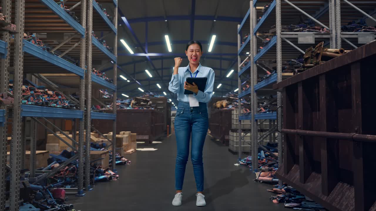 Corpo inteiro de mulher asiática com seu tablet em um armazém industrial de sucata e reciclagem. Ela levanta o punho com um grito de vitória após digitar no tablet.