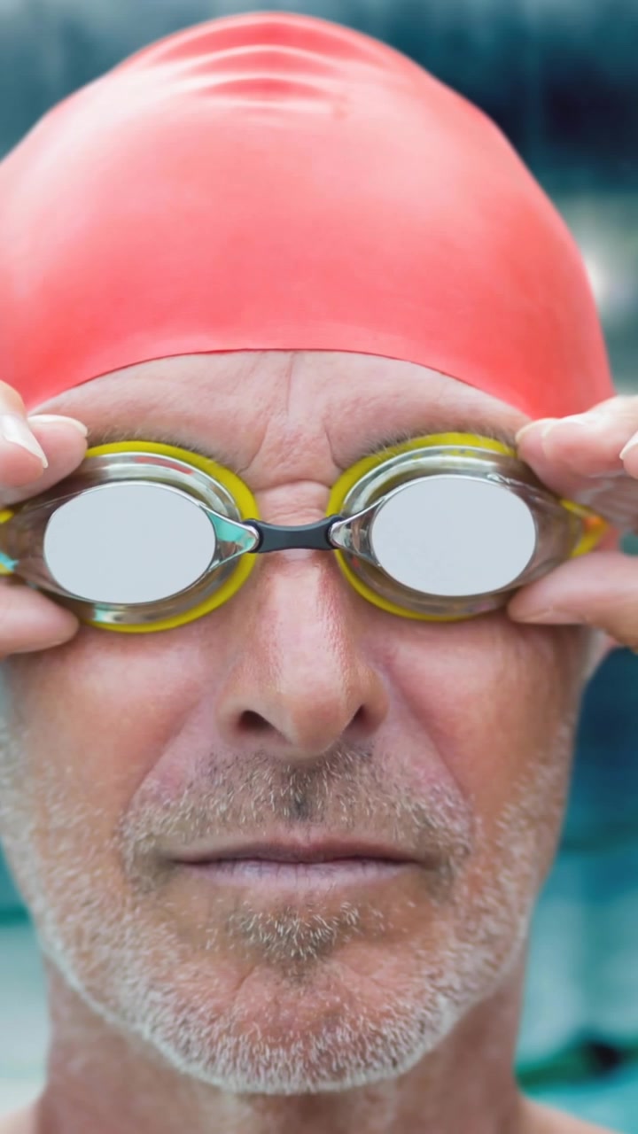 Golden confetti falling over senior male swimmer wearing swimming glasses against swimming pool