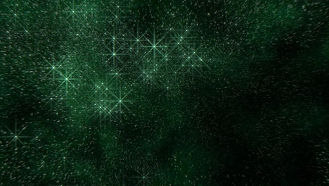 Fliegende-Und-Glänzende-Grüne-Sterne-Mit-Glitzern-In-Einer-Dunklen-Galaxie