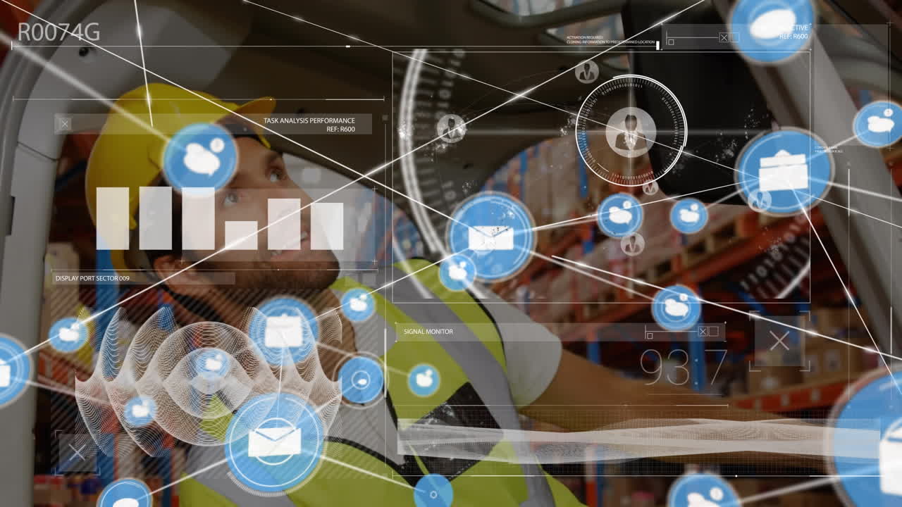 창고에서 일하는 사람에 대한 연결 네트워크의 애니메이션