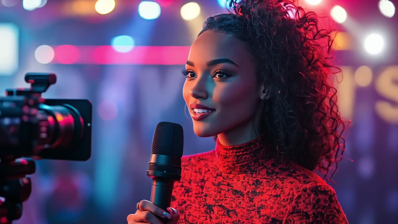 A woman singing on stage with a camera recording