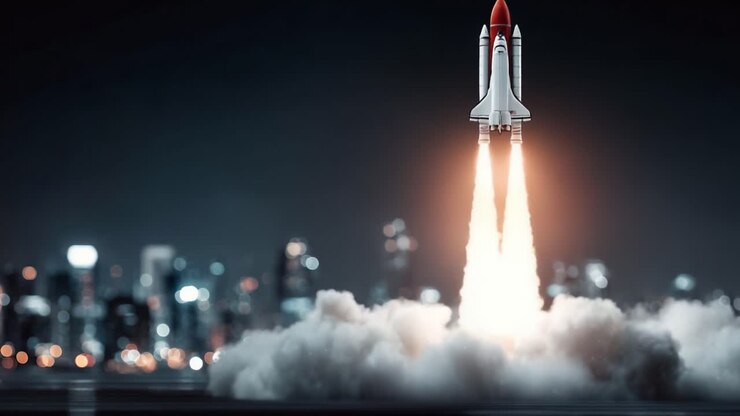 A Thrilling Launch Sequence of a Rocket Propelling into the Night Sky, Illuminated by Fiery Exhaust, Against a Twinkling Urban Skyline Background