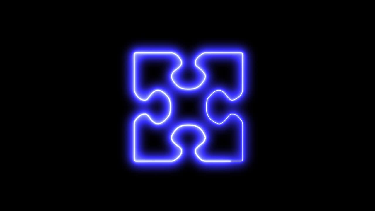 pieza de rompecabezas de neón azul gráfico sobre un fondo negro - bucle