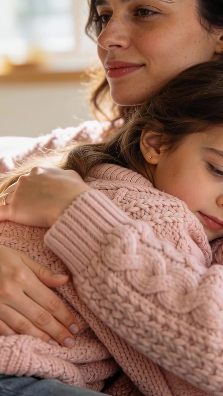 Video verticale: Madre che consola, tenendo in braccio e accarezzando il bambino appoggiato sul divano vicino alla finestra, con maglioni rosa.