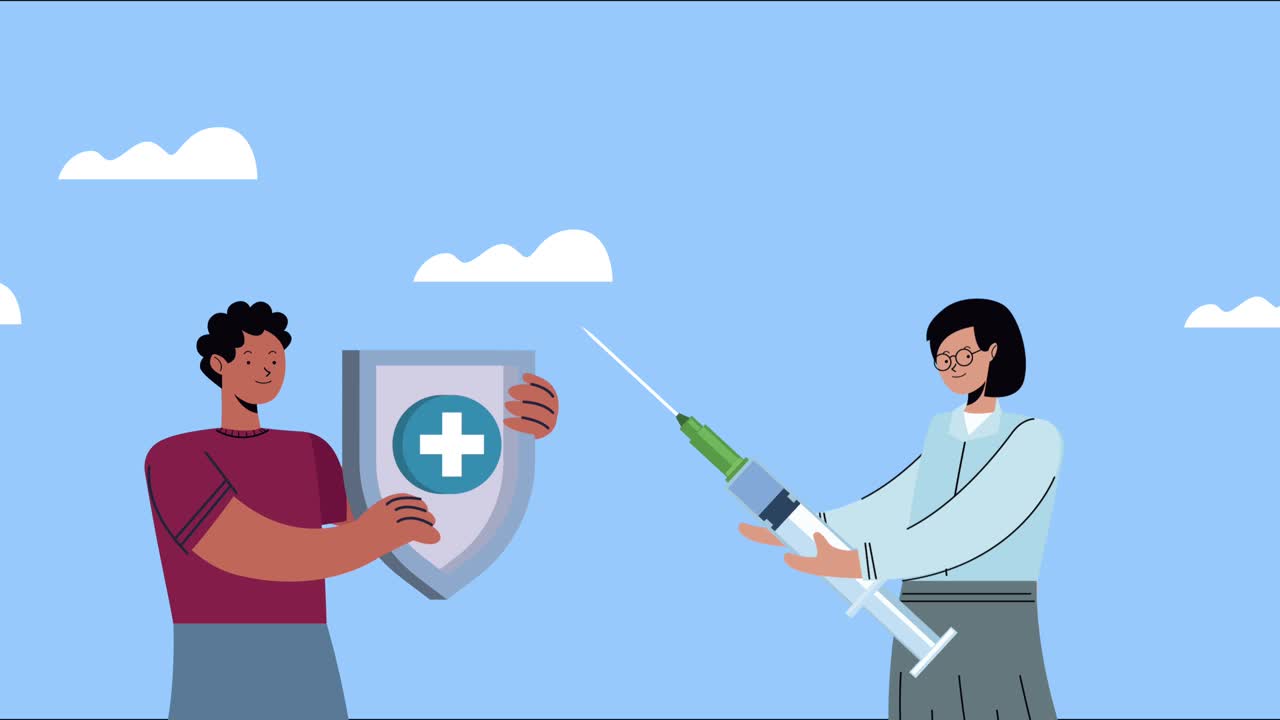 covid19 animation with couple lifting shield and vaccine