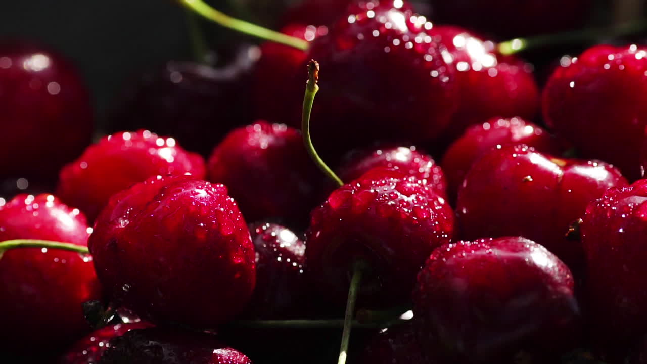 Red ripe sweet cherries close-up with drops of water in the basket on the grass