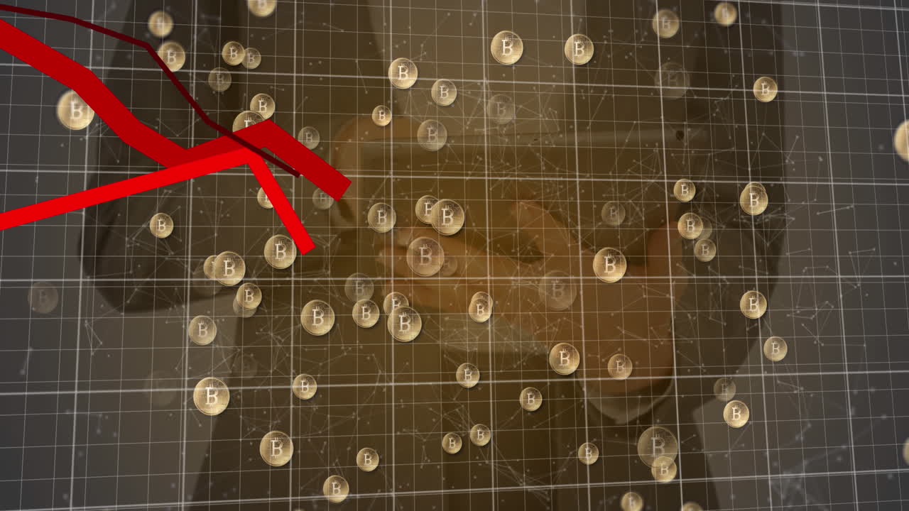 디지털 태블릿을 사용하는 사업가에 대한 비트코인과 그리드 라인을 이동하는 빨간 그래프