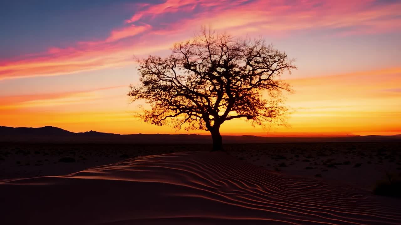 árbol solitario en el desierto al atardecer
