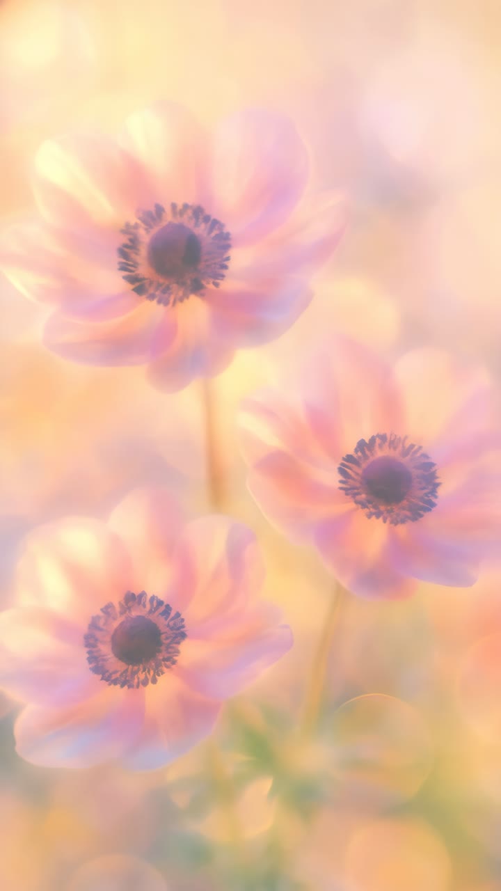 Soft-focus video still of pastel flowers, captured from a low angle