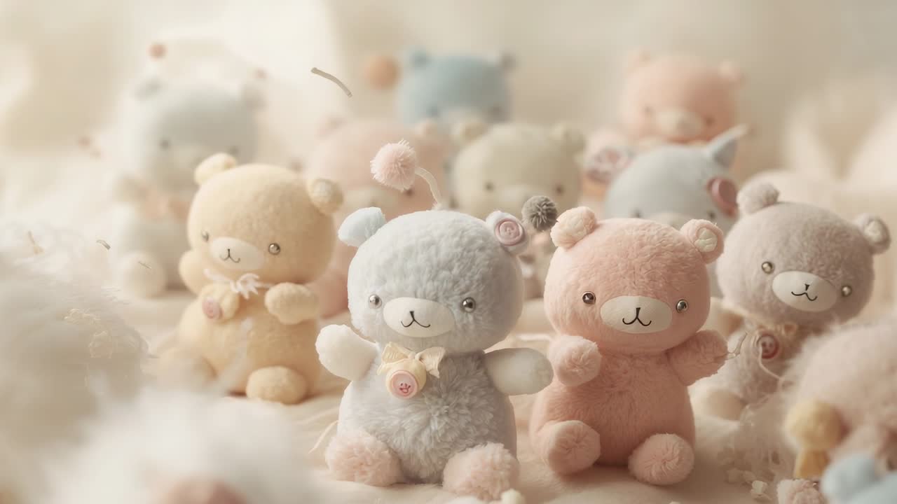 Zooming camera, center pale blue bear with pink bear growing on cream blanket, showing center focus