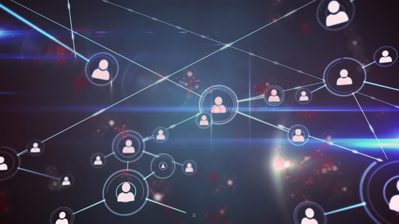 animación de iconos de perfil conectados con líneas sobre nucleótidos, destellos de lente en fondo abstracto.