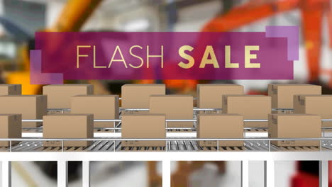 animation of flash sale text over cardboard boxes on conveyor belts in warehouse