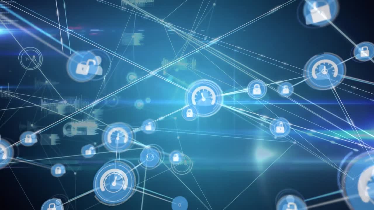 Animation of network of padlock and processing icons transferring data over glowing blue light