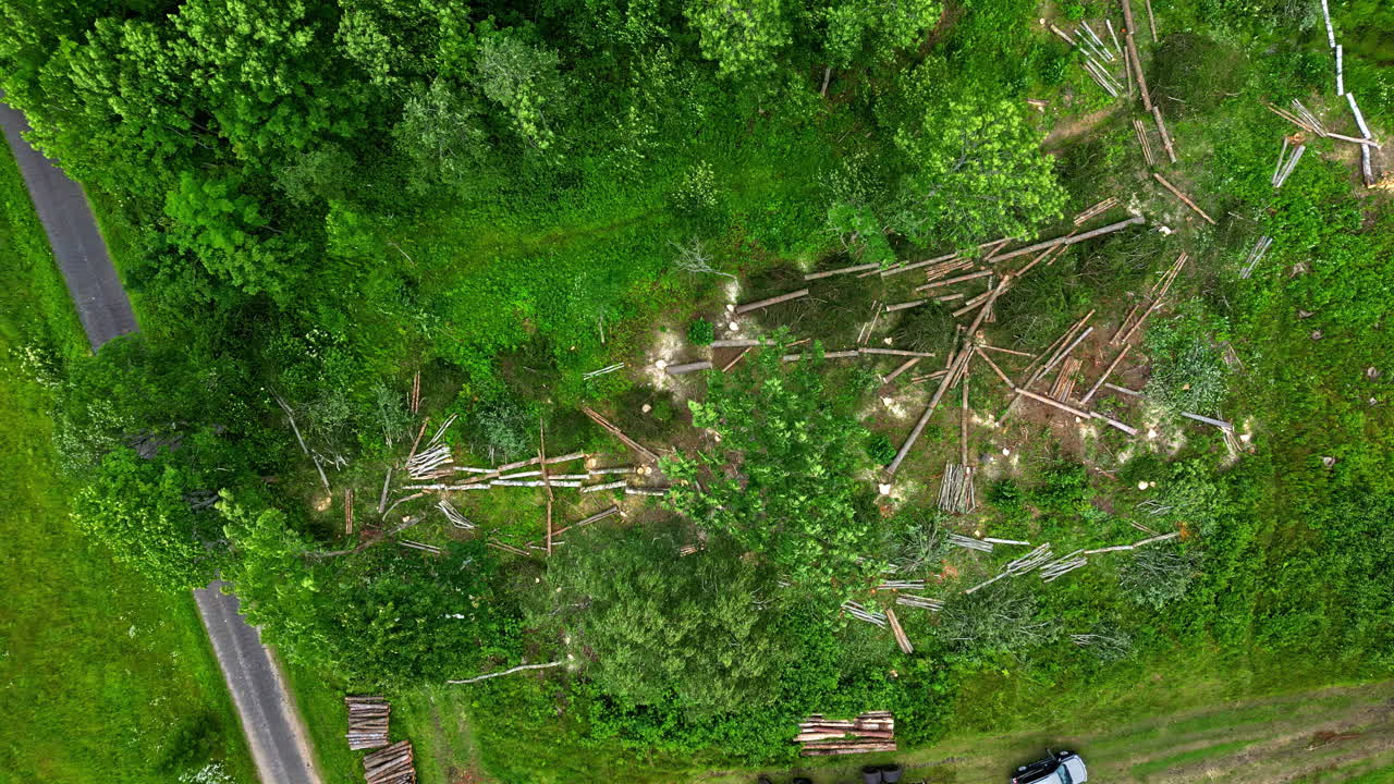 Aerial view of a forest with recently cut trees and scattered logs