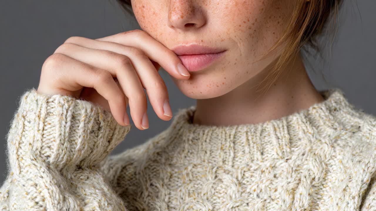 A Captivating Portrait of a Young Woman with Freckles in a Cozy Knit Sweater, Highlighting Her Natural Beauty and Thoughtful Expression in a Soft Gray Background