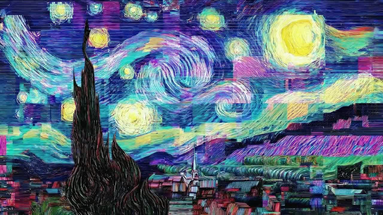 Aerial view of a vibrant, glitch art video inspired by Van Gogh's Starry Night