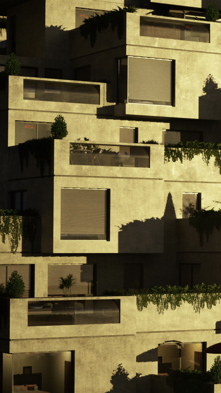 Modern building design with exterior plant features in urban setting