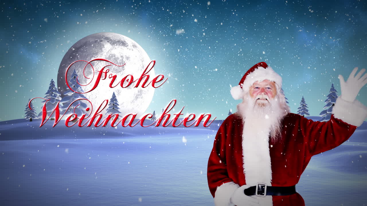 산타가 카메라에 손을 흔들고 frohe weihnachten 메시지