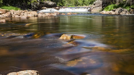 time lapse of shallow river flowing swiftly small waterfall in background