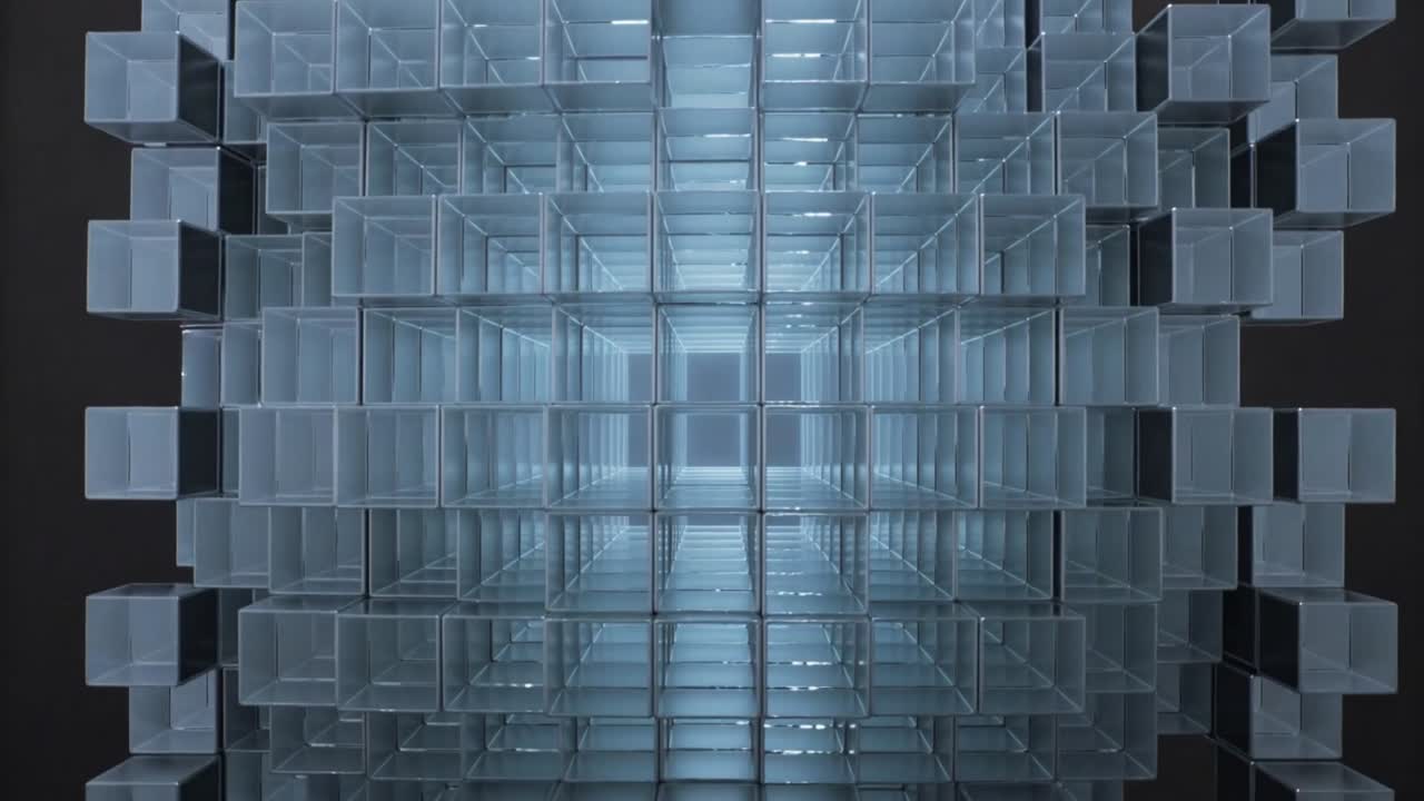 Luci interne che aumentano di intensità, reticolo cubico trasparente che si illumina dal centro in una demo tecnologica, mostrando profondità.