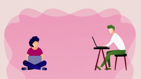 노트북을 사용하여 집에서 일하는 남녀의 애니메이션