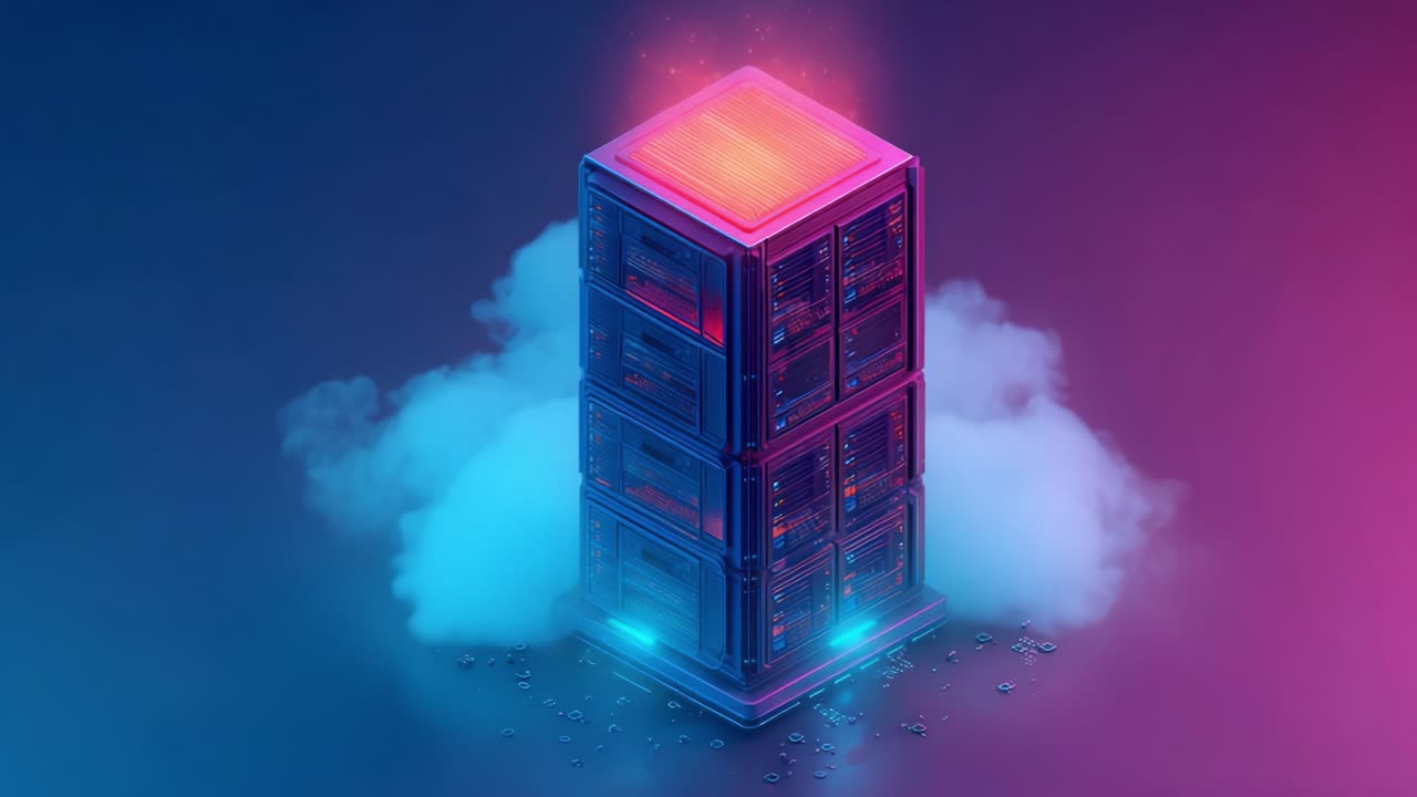 Futuristic Server Tower Surrounded by Digital Fog and Glowing Lights, Emphasizing Modern Data Storage Technology and Its Importance in the Digital Age