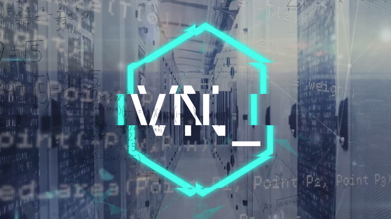 Animation of nft symbol, maths calculatuions and processing data over computer server room