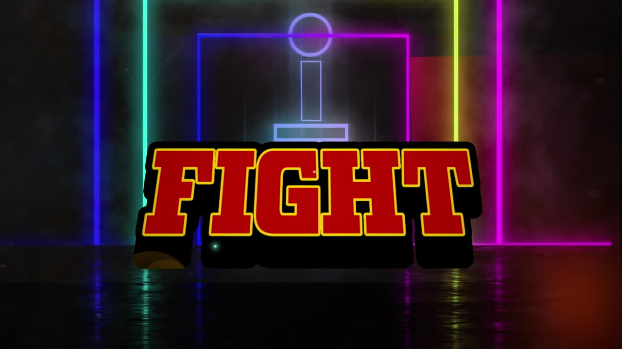 검은 바탕에 네온 모양 위에 싸움 텍스트의 애니메이션