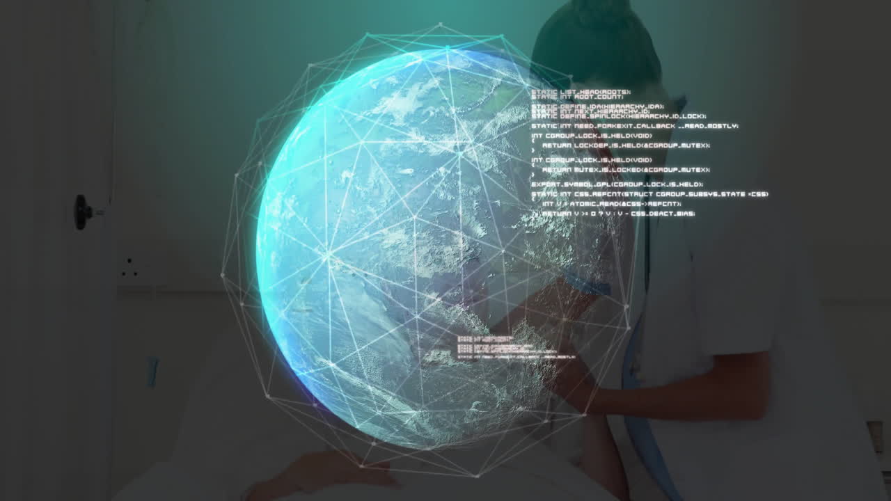 Medical team consulting patient in tech clinic, displaying holographic globe with network lines