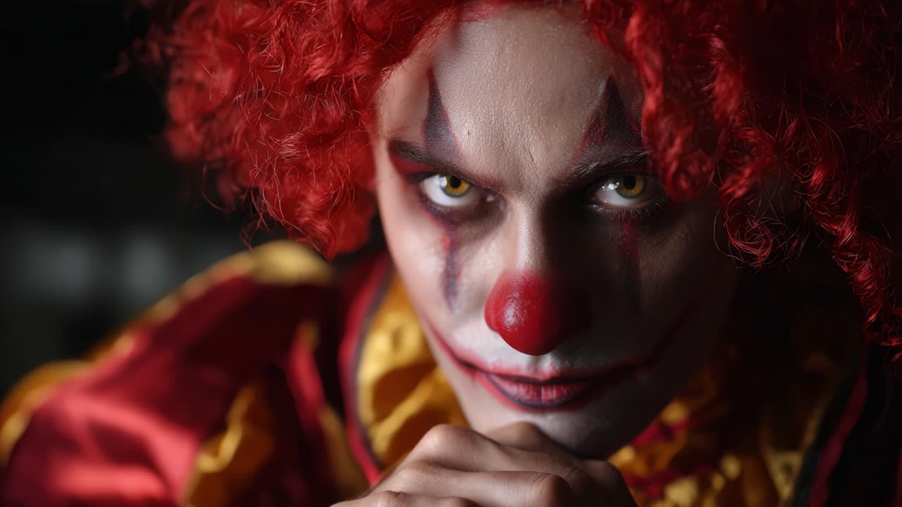 Haunting Clown Portrayal: An Intense Close-Up of a Performer with Fiery Red Hair, Distinctive Makeup, and a Sinister Expression Evoking a Sense of Unease