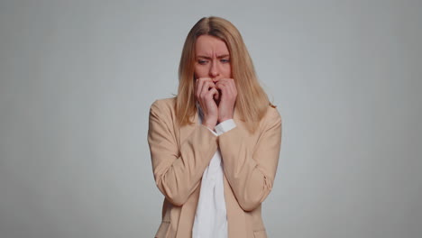 scared frightened business woman feeling worried nervous about serious troubles, stress and anxiety