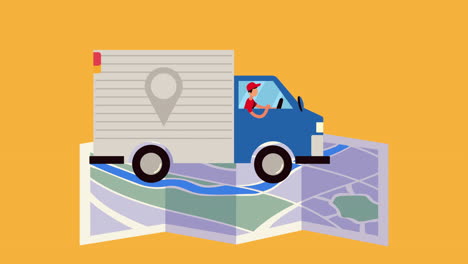 truck in paper map delivery service animation