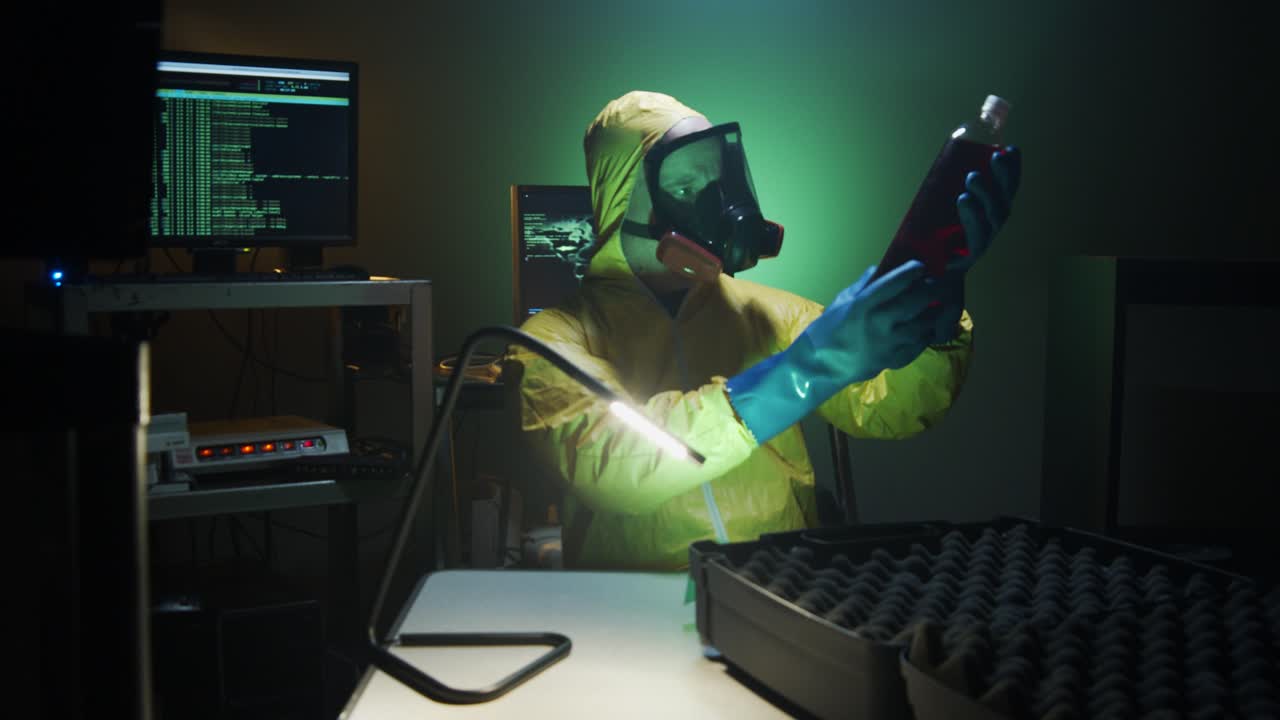 bioterrorista examina una botella de líquido peligroso