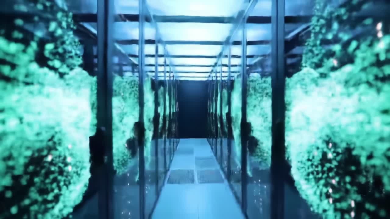 Exploring a Futuristic Data Center with a Stunning Display of Neon Lights and Advanced Technology Illuminating the Server Racks in a High-Tech Environment