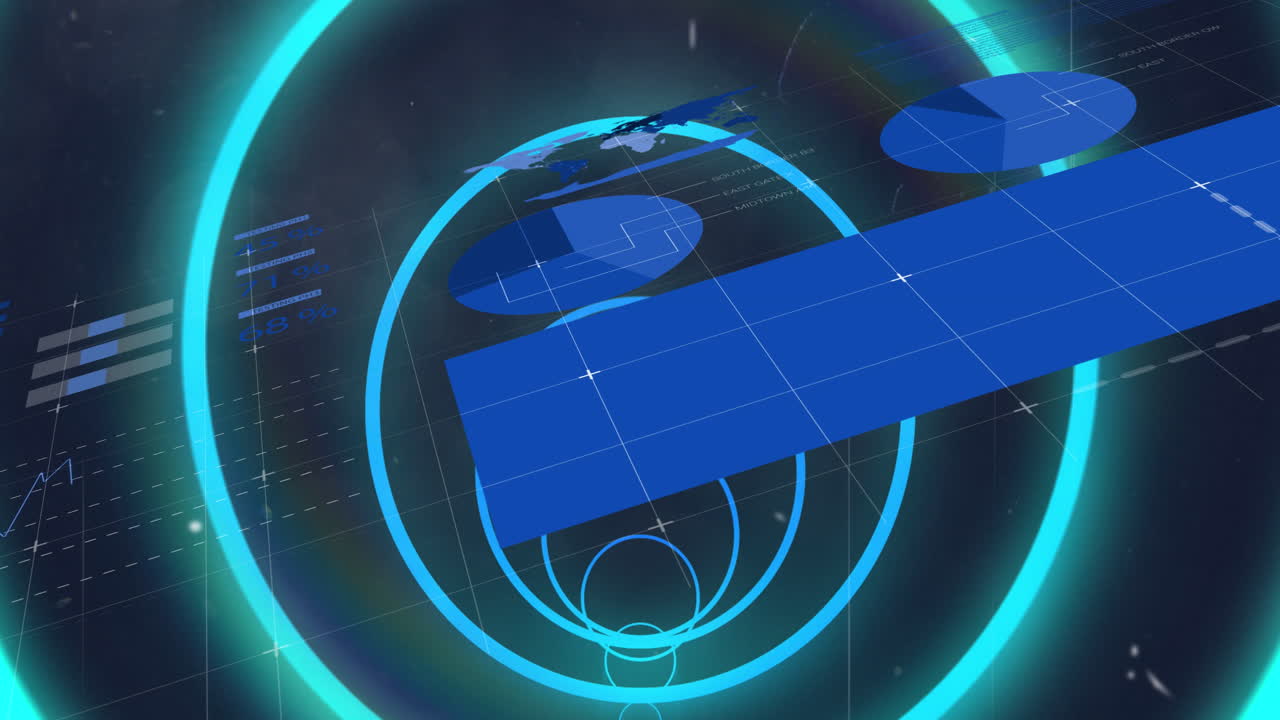 Animation af blå neon geometriske former over databehandling