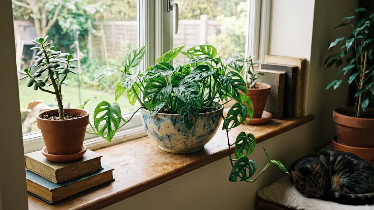 日当たりの良い窓辺で眠る猫とモンステラ・アダンソニーの観葉植物