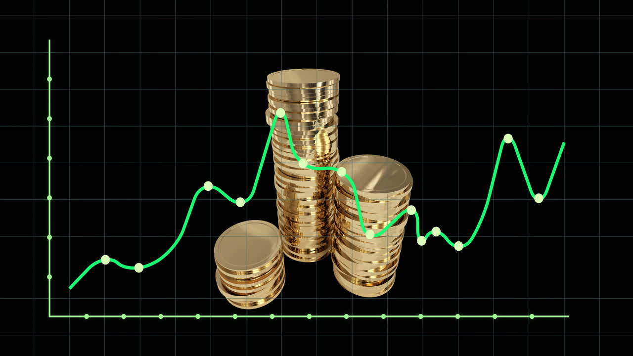 animación de diagramas y monedas sobre fondo negro