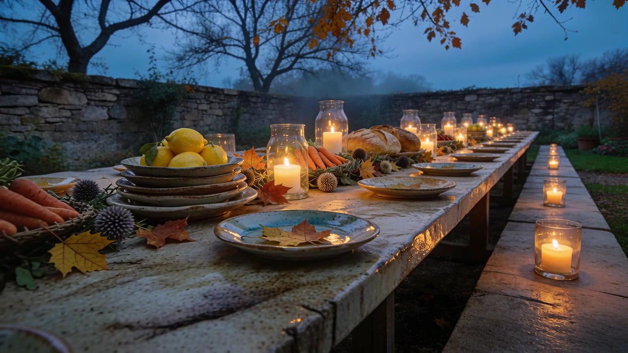 Panning cam revealing stone table walled garden with plates lemons candles carrots for autumn meal