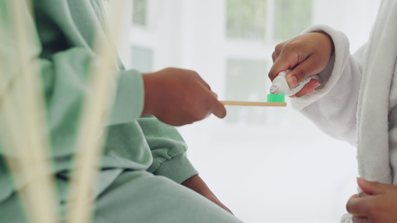 Mother, hands or kid in bathroom with toothpaste