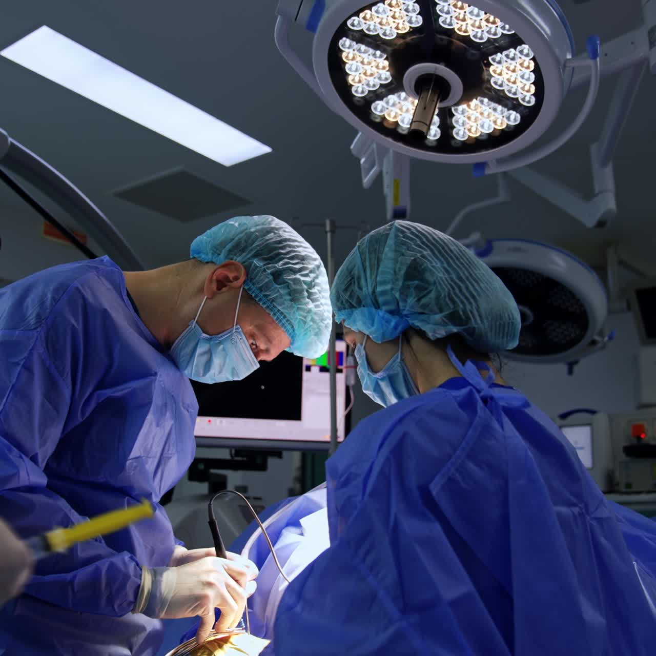 Careful doctor using device tool at operation in modern surgery room. Medics work in well-equipped operational theatre
