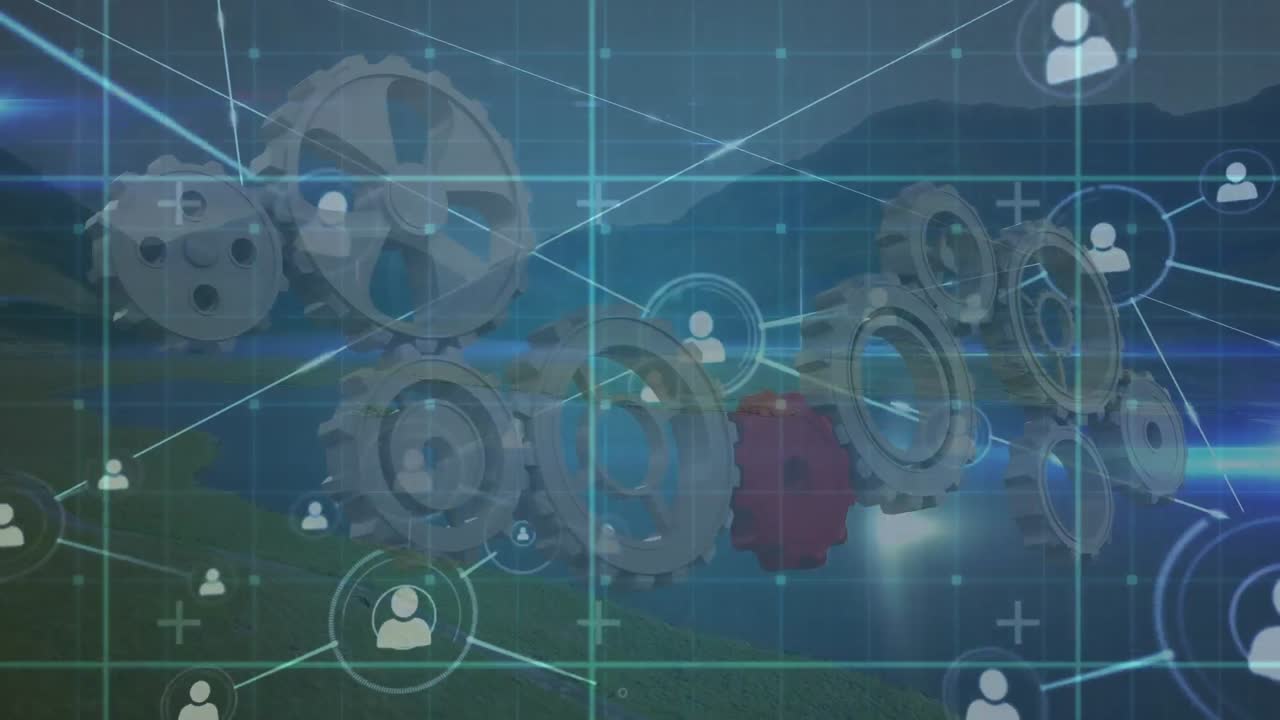 animación de la red de conexiones con iconos sobre engranajes