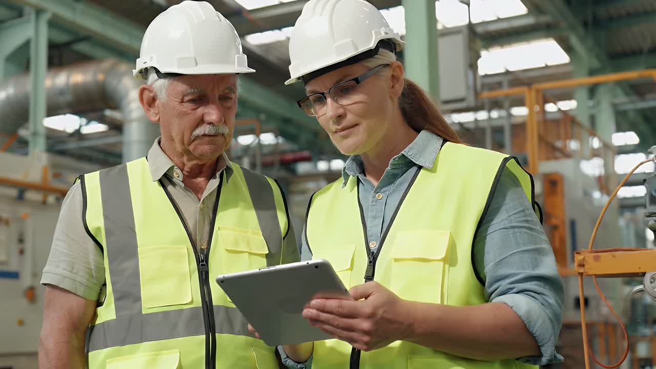 Male and Female Industrial Engineers Using a Tablet in a Manufacturing Factory