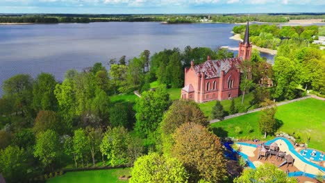 gothic architecture of the lithuanian evangelical reformed church in birzai, lithuania. aerial drone shot