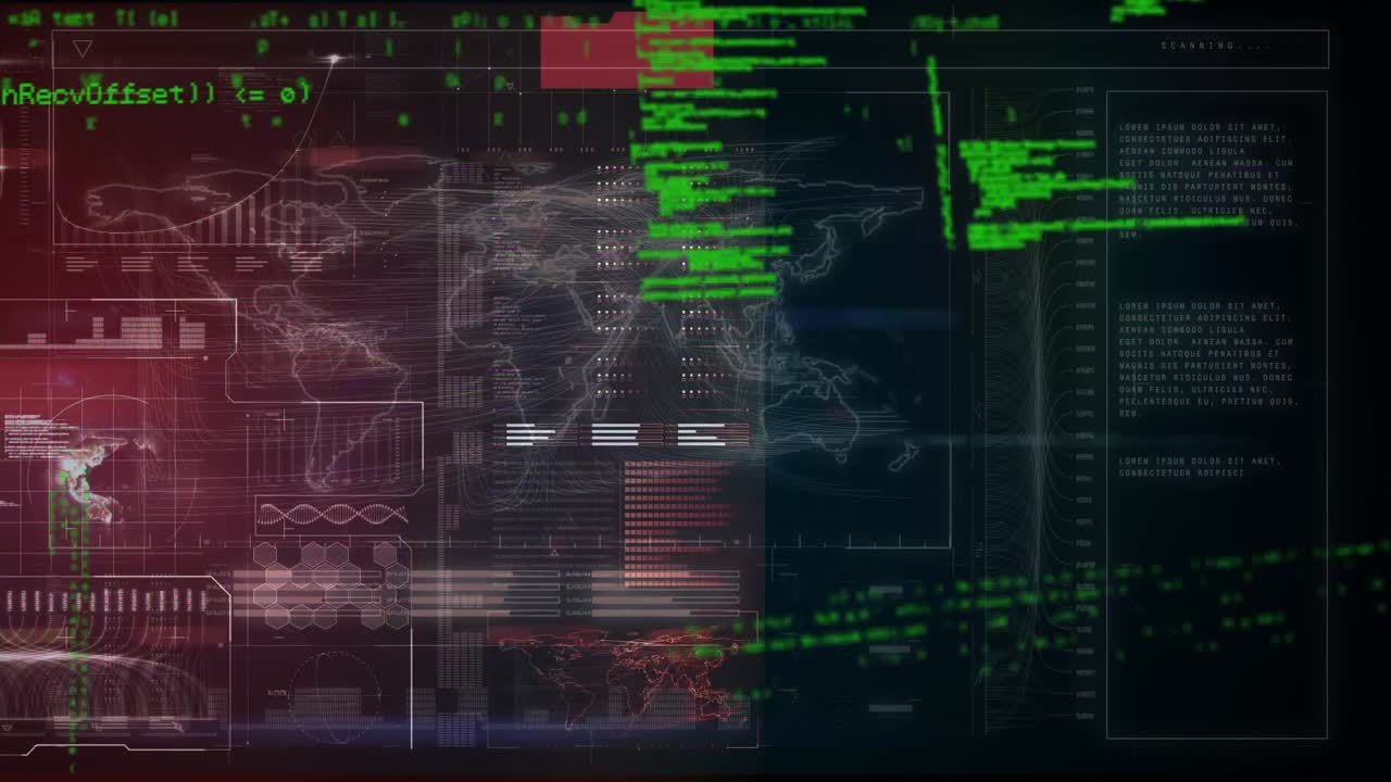 animación de la esfera verde sobre la interfaz con el escáner, el mapa del mundo y el procesamiento de datos