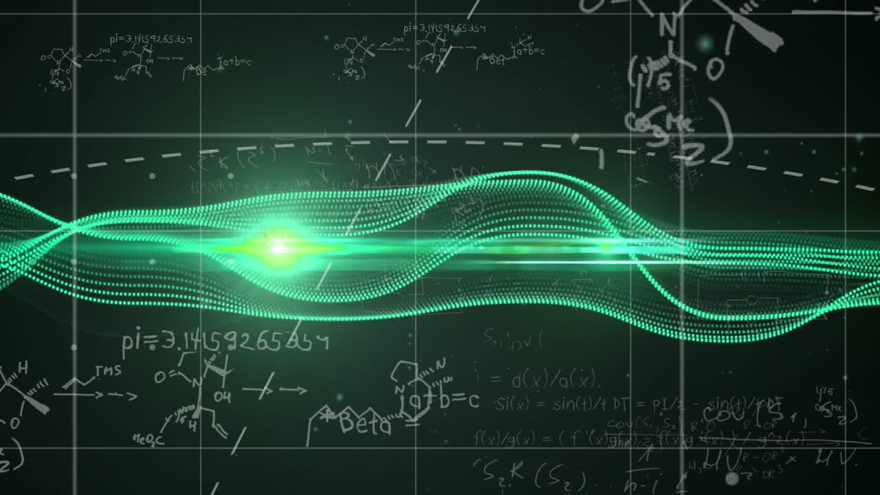 Green wave animation over mathematical equations and scientific formulas