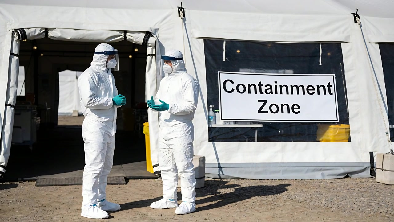 Discussing two medics in hazmat suits coordinating triage after tent door opening, with yellow bin