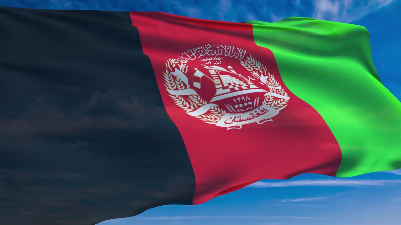 Flag of Afghanistan with fabric structure against a cloudy sky (loopable)